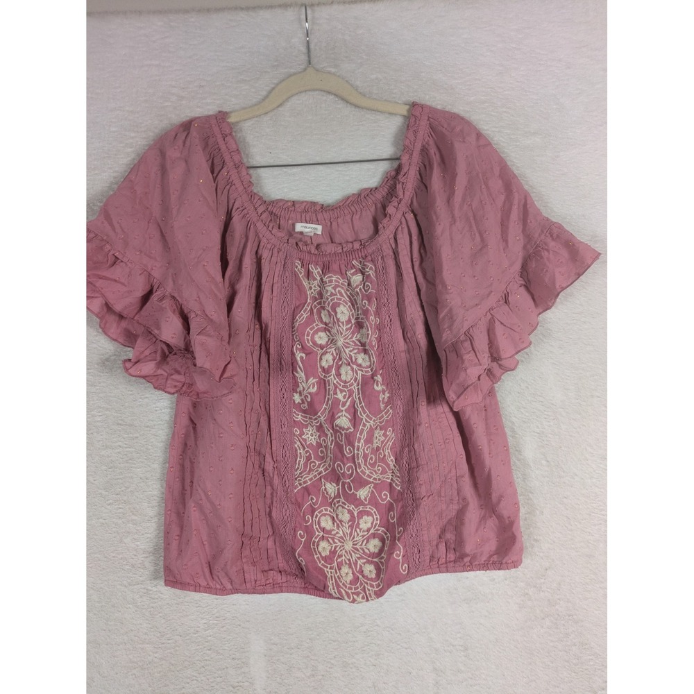 Maurices Blouse Women's S Mauve Boho Embroidered Ruffle Sleeve Swiss Dot Sparkle